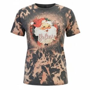 Christmas Santa Believe Gildan Bleached Graphic T-Shirt Size L‎